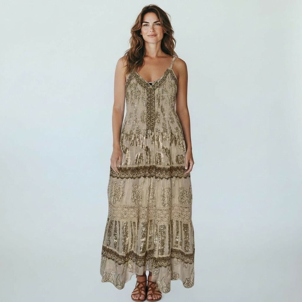 Metallic Embroidered Maxi Dress - Taupe